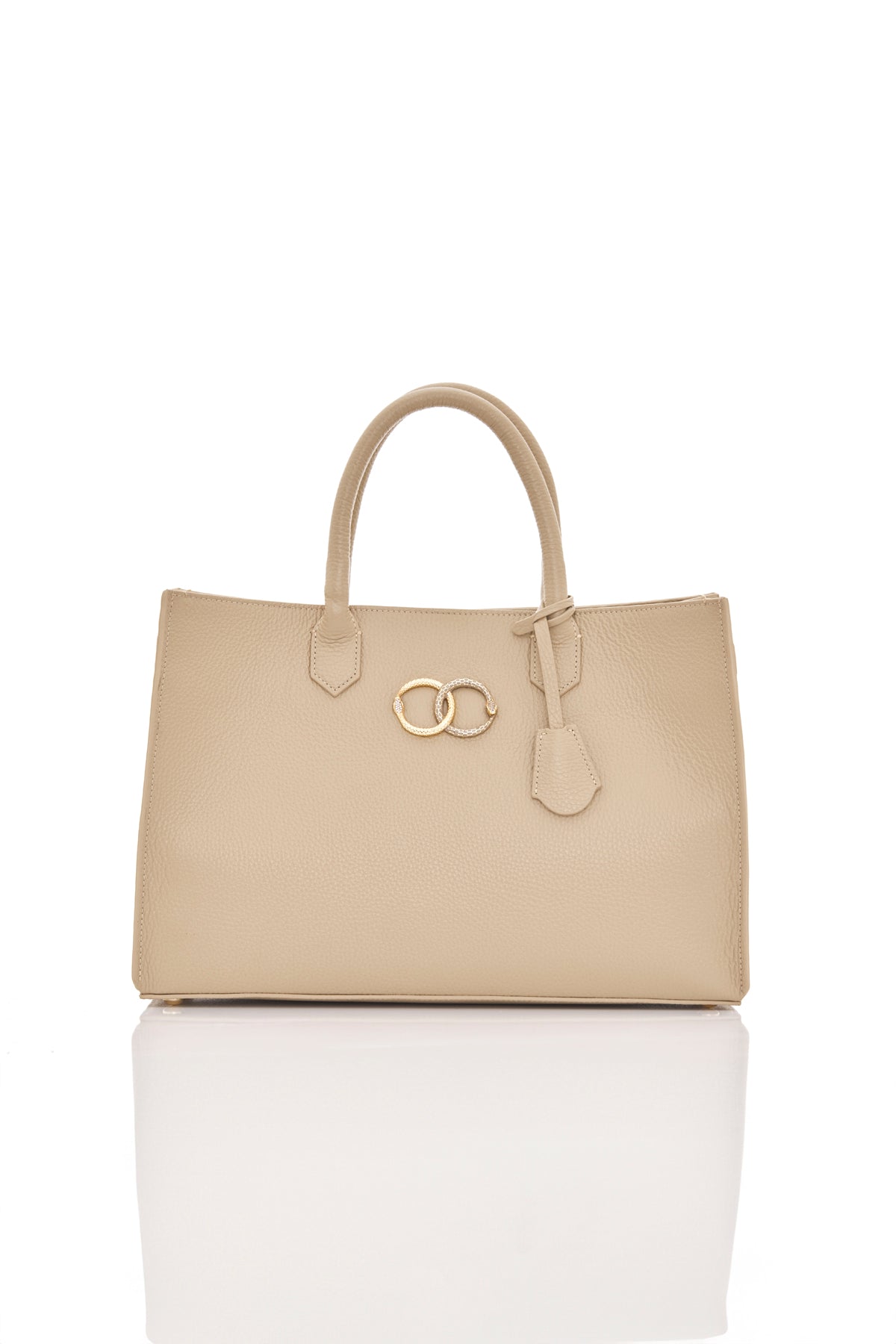 beige sand ouroboros genuine leather women's tote bag front