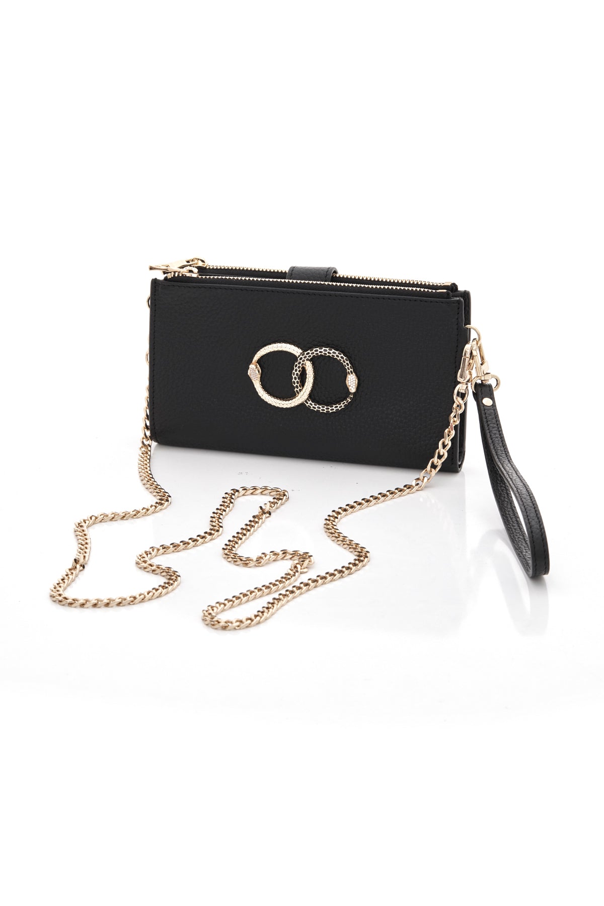 black ouroboros genuine leather women's crossbody bag front