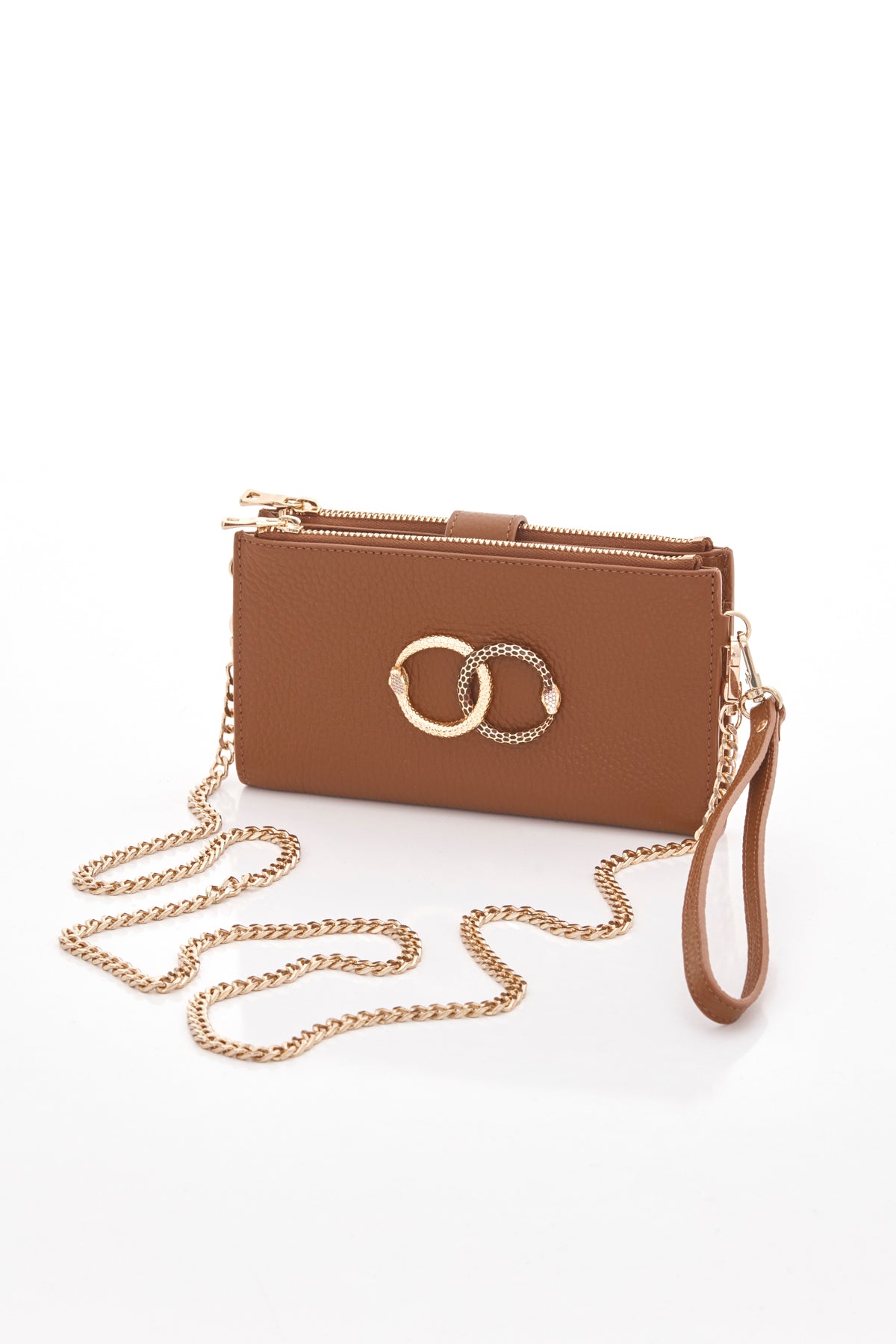 caramel brown ouroboros genuine leather women's crossbody bag front