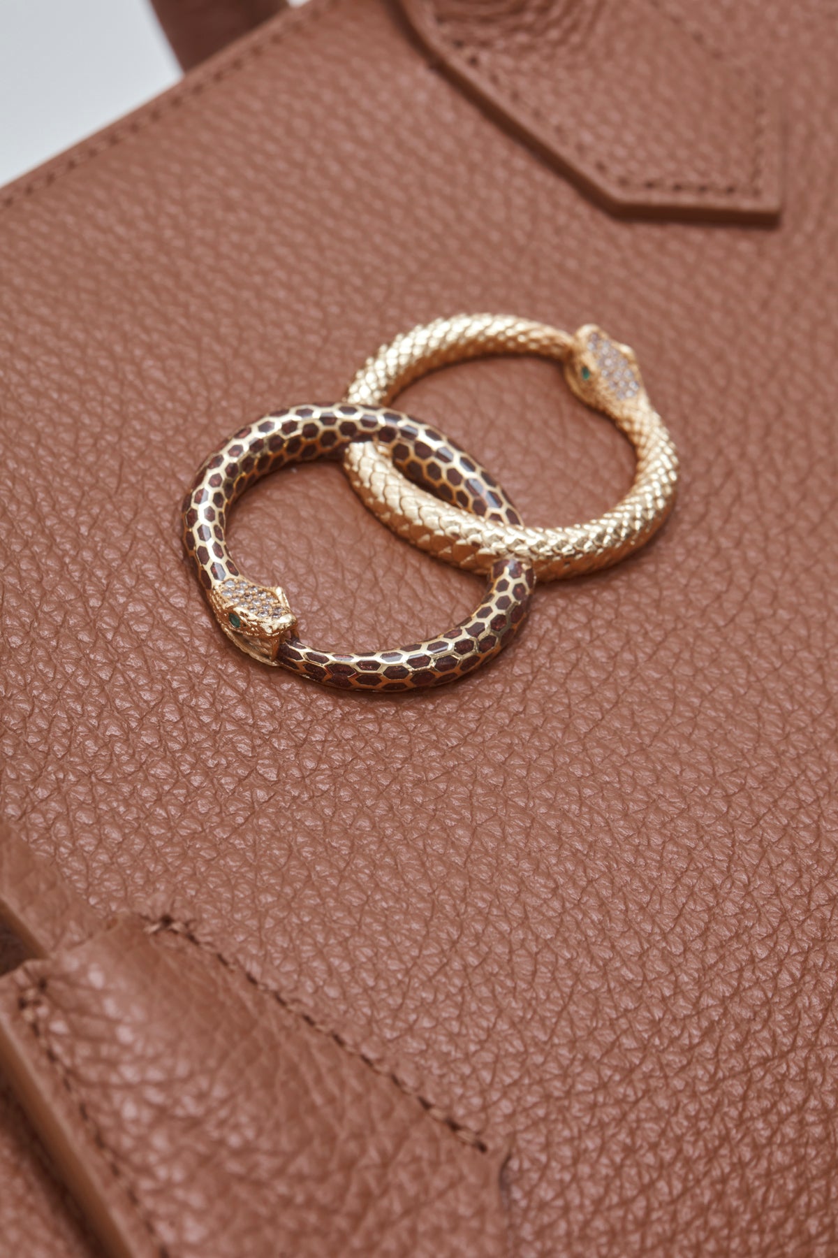 caramel brown ouroboros genuine leather women's tote bag jewelry