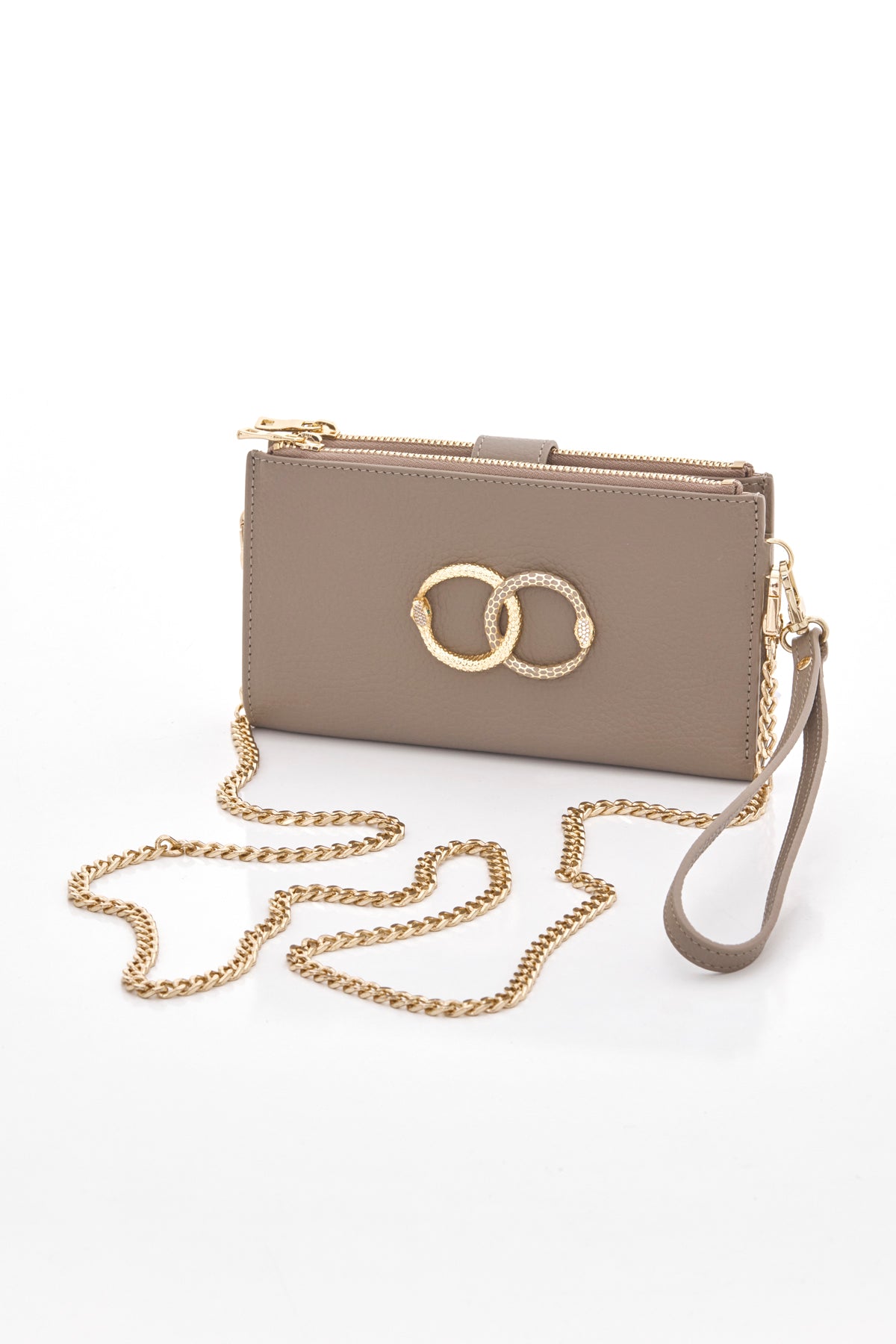 taupe ouroboros genuine leather women's crossbody bag front