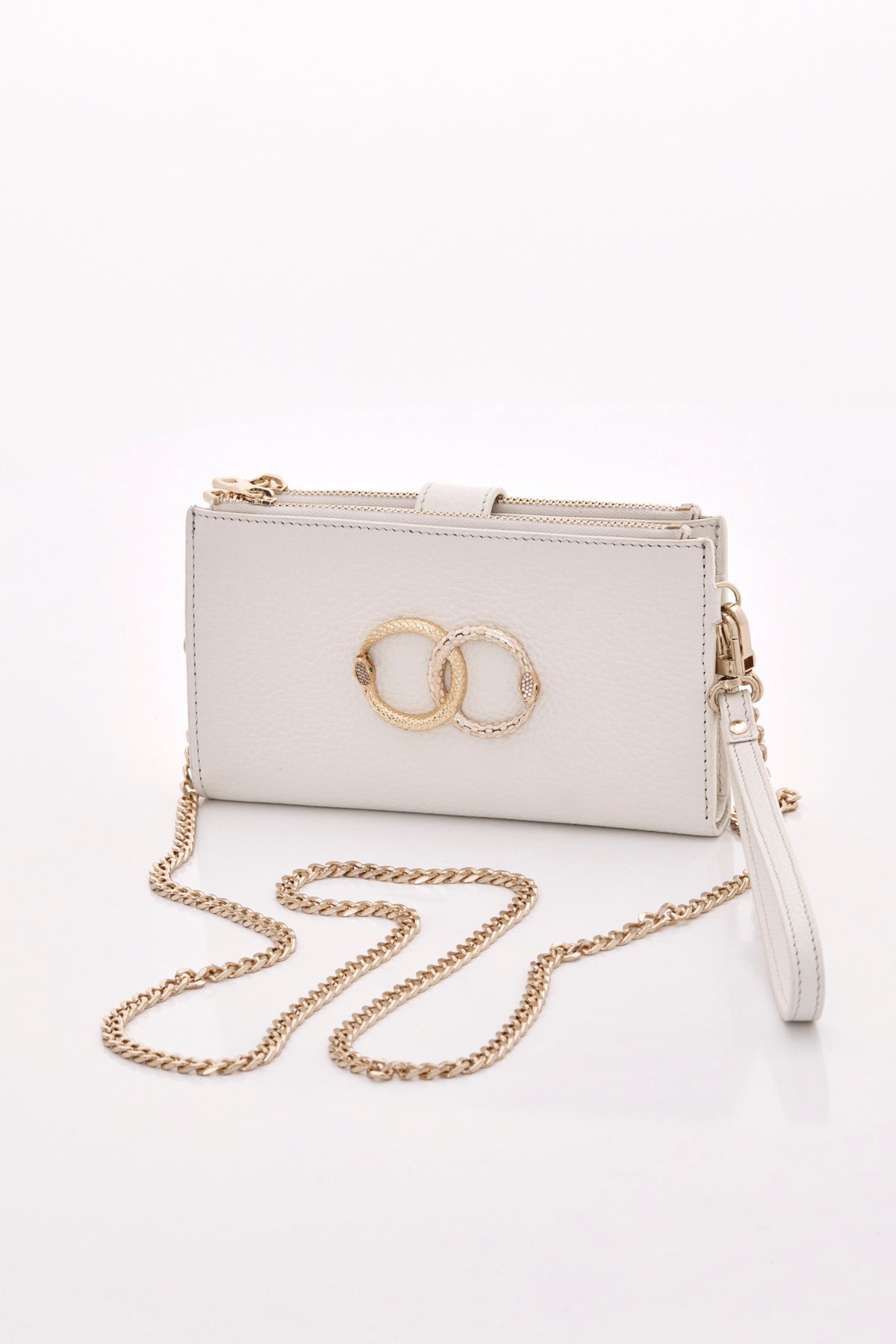white ouroboros genuine leather women's crossbody bag front