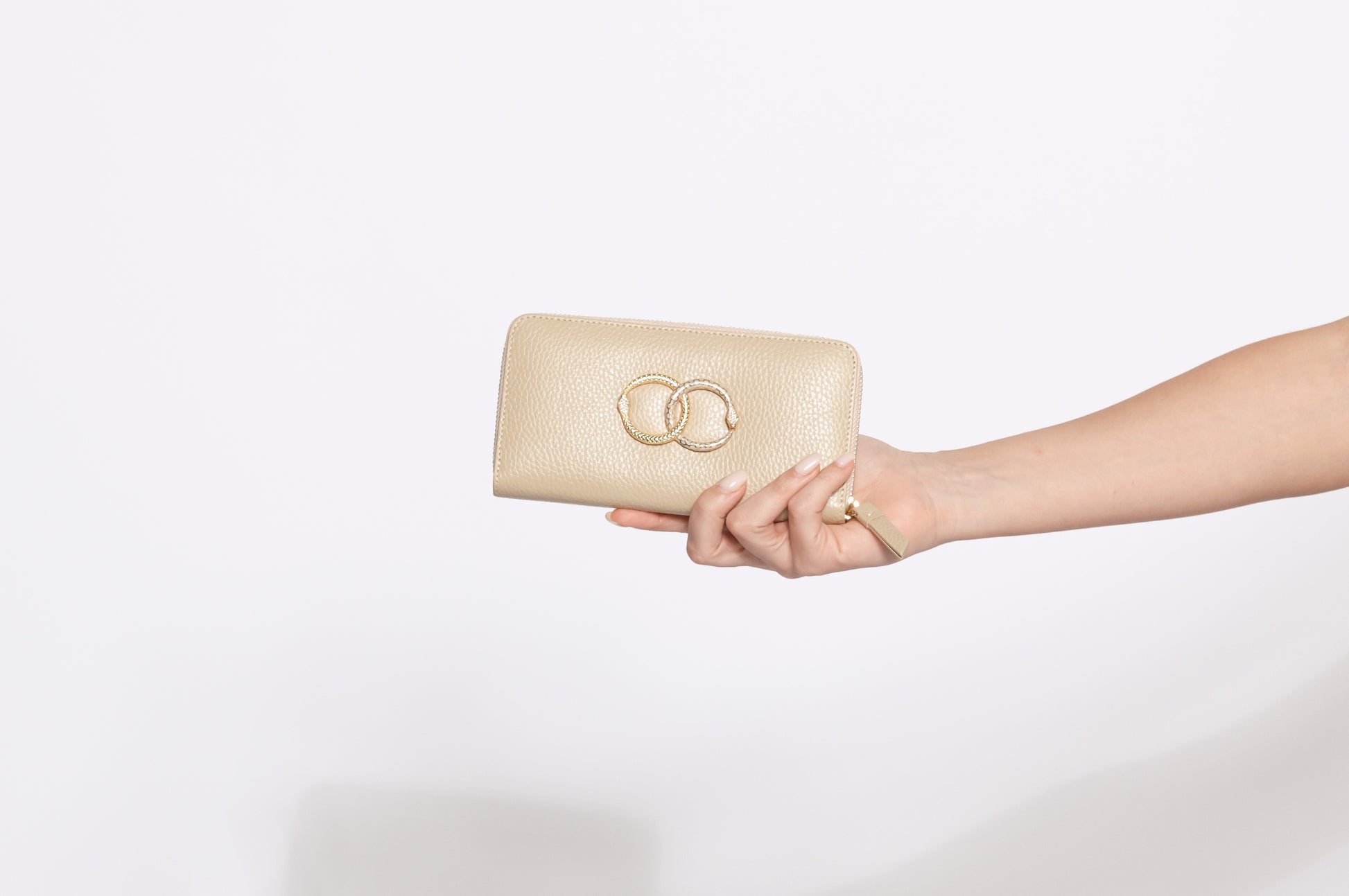 beige sand ouroboros genuine leather women's wallet model
