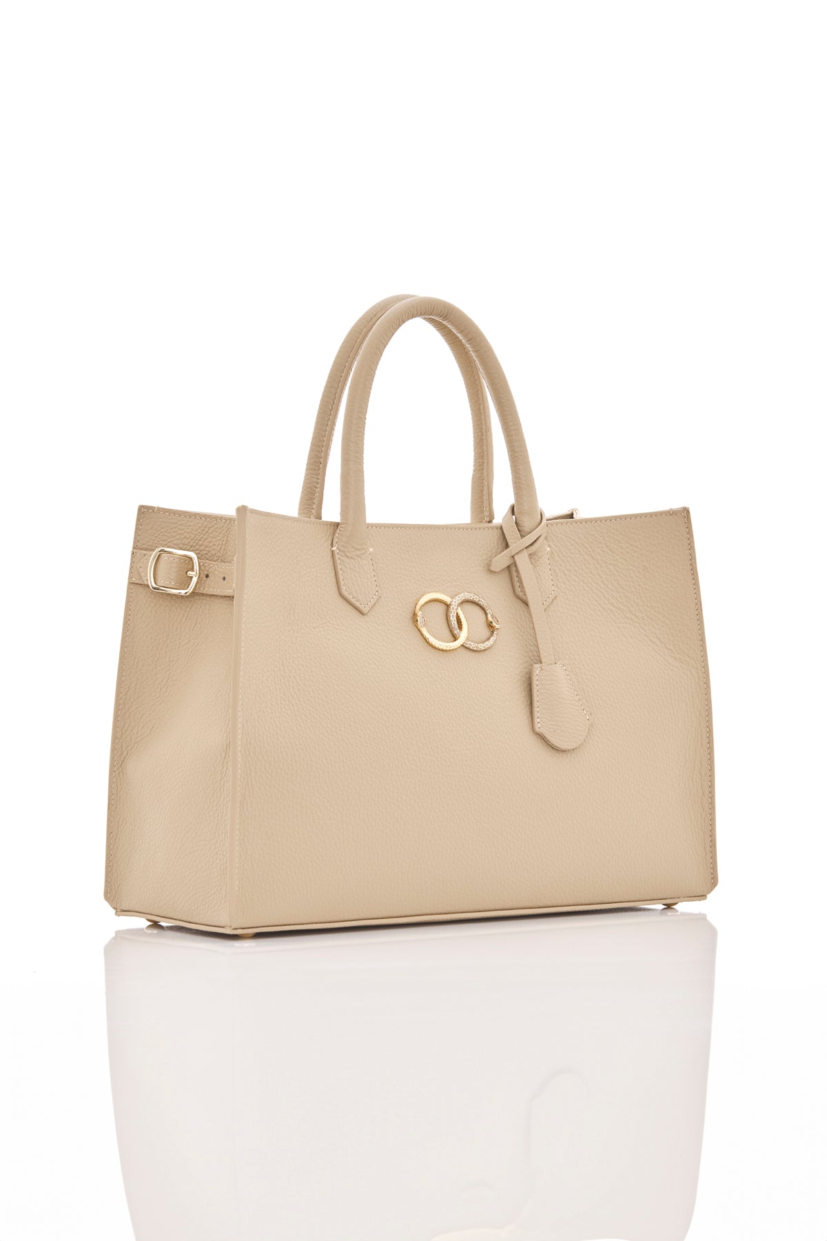 beige sand ouroboros genuine leather women's tote bag side