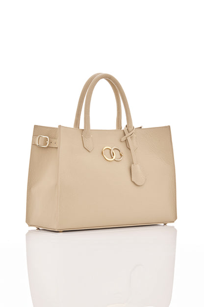 beige sand ouroboros genuine leather women's tote bag side