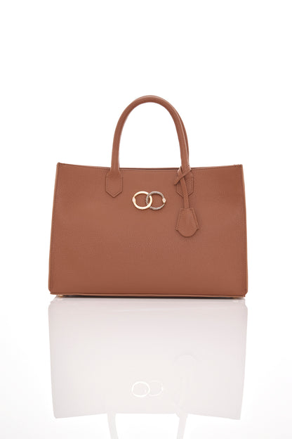 caramel brown ouroboros genuine leather women's tote bag front