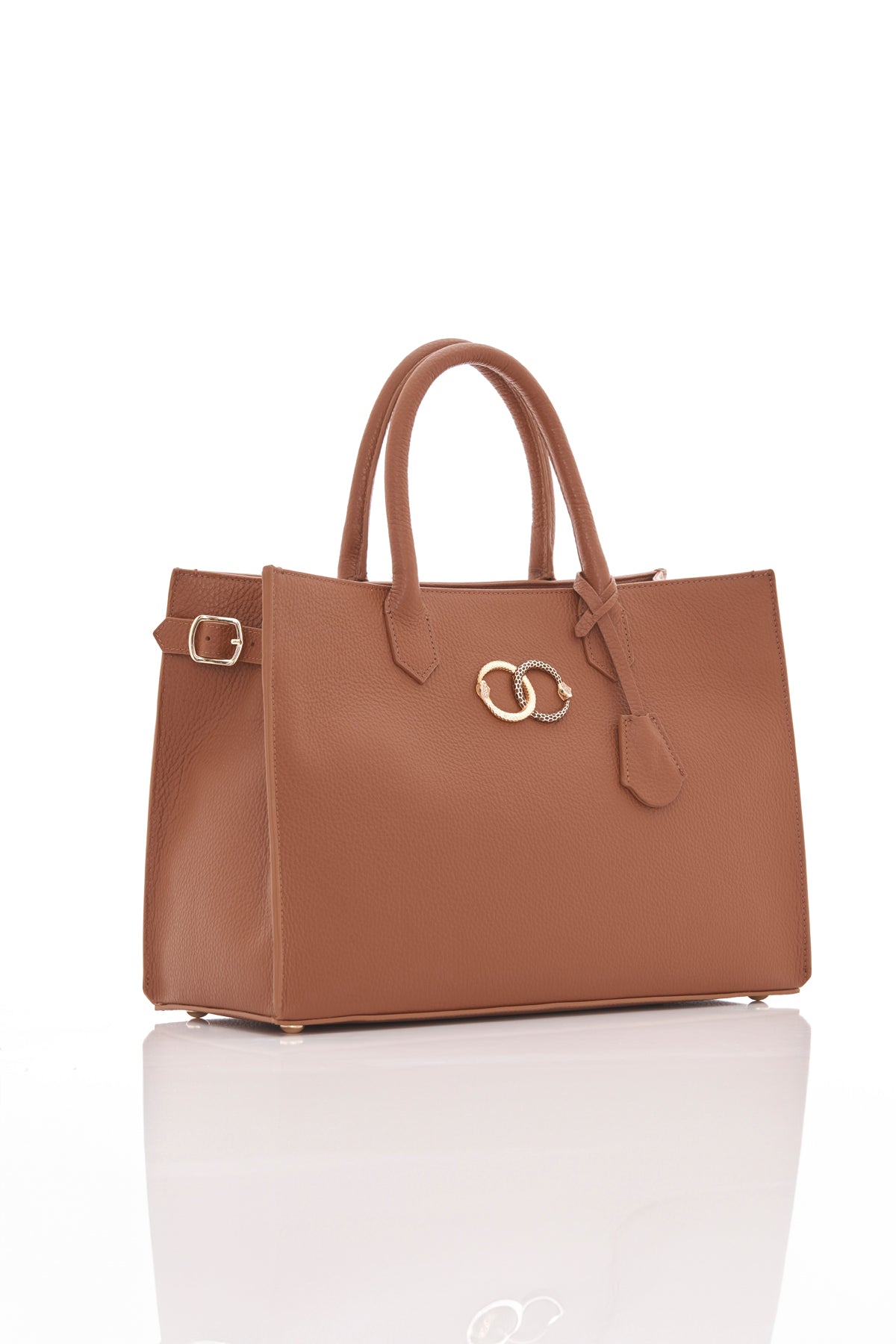 caramel brown ouroboros genuine leather women's tote bag side