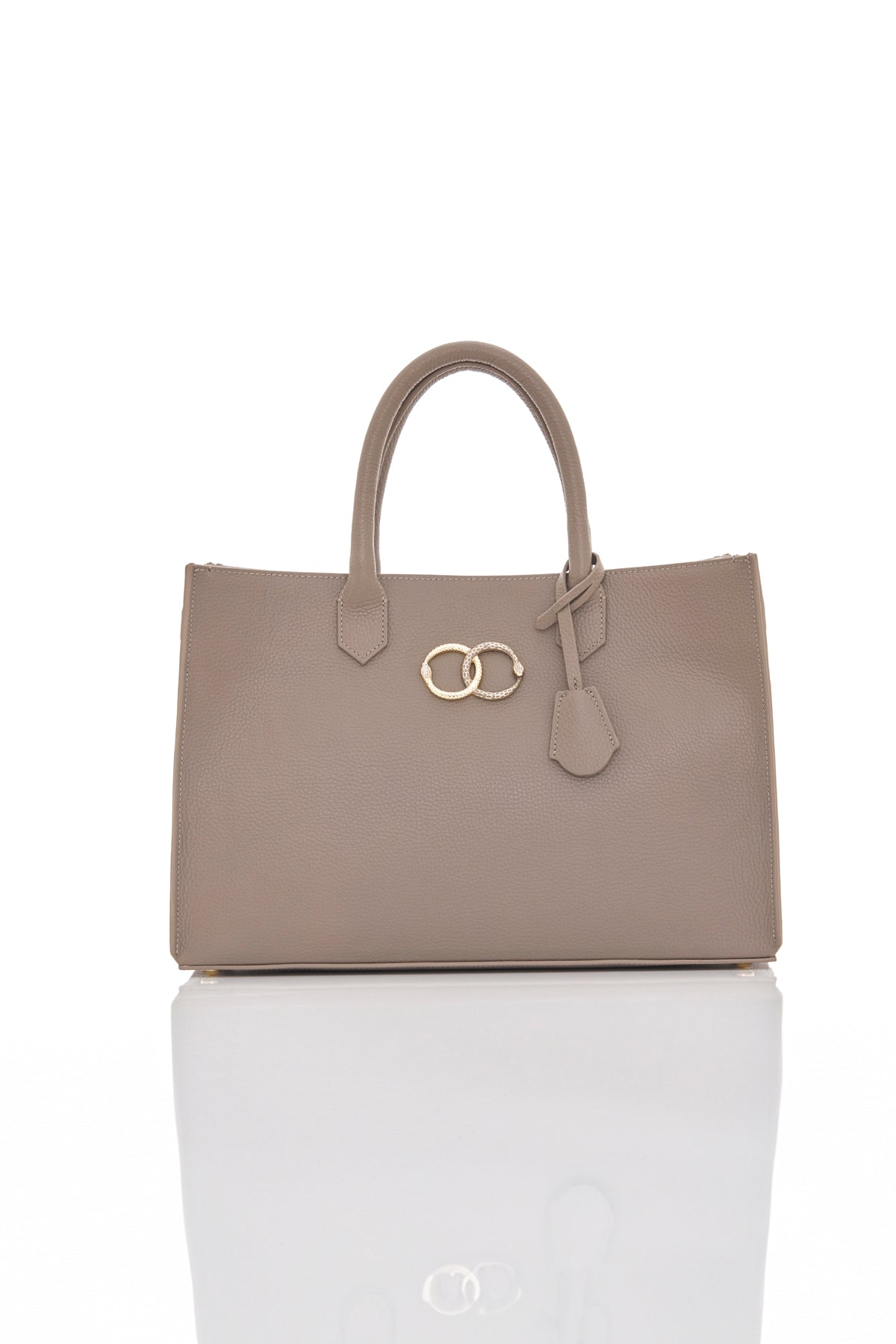 taupe ouroboros genuine leather women's tote bag front
