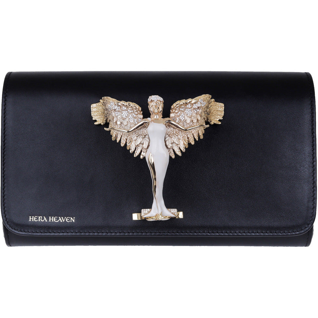 Black Hera genuine leather women's clutch bag front