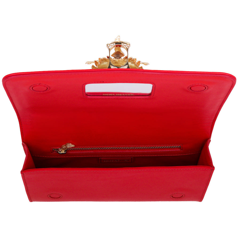 Red Hera genuine leather women's clutch bag inside