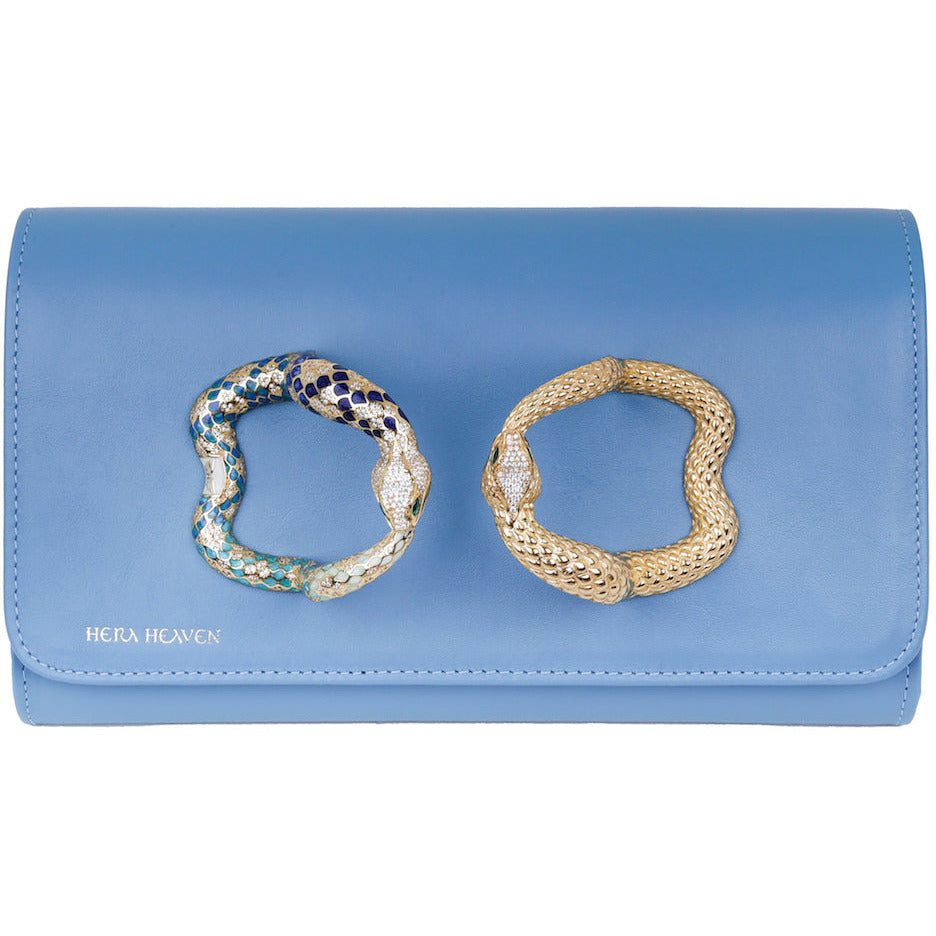 Blue Ouroboros genuine leather women's clutch bag front