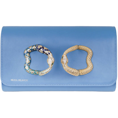 Blue Ouroboros genuine leather women's clutch bag front