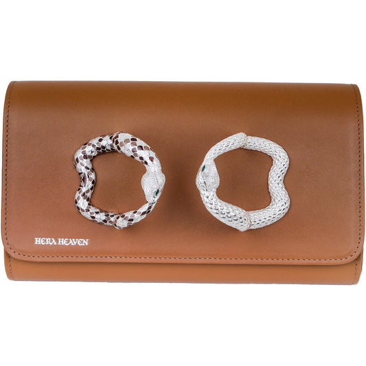 Brown Ouroboros genuine leather women's clutch bag front