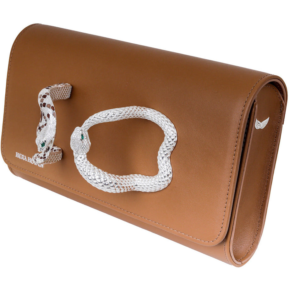 Brown Ouroboros genuine leather women's clutch bag side