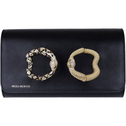 Black Ouroboros genuine leather women's clutch bag front