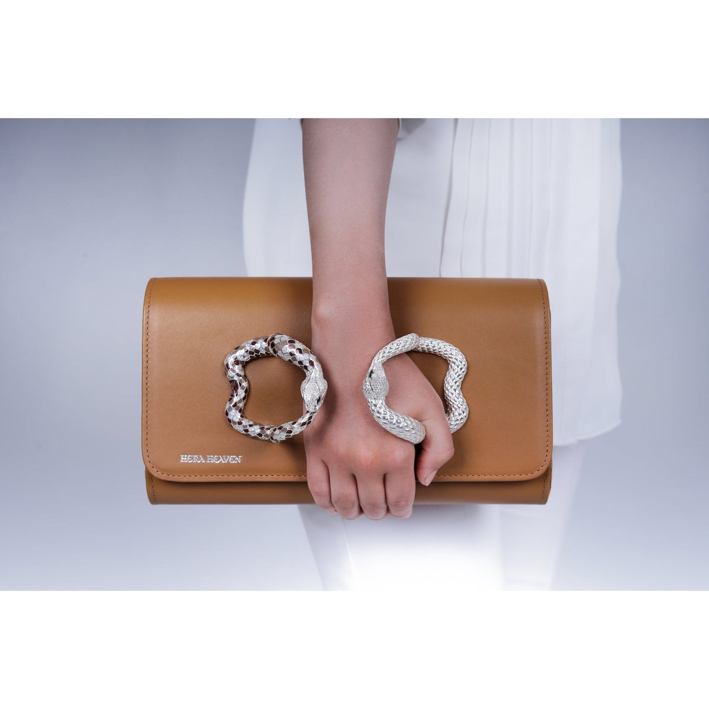 Brown Ouroboros genuine leather women's clutch bag model