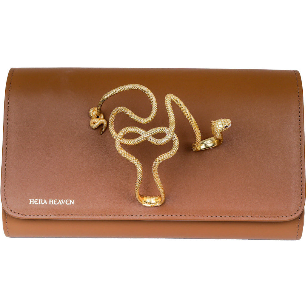 Brown Uraeus genuine leather women's clutch bag front