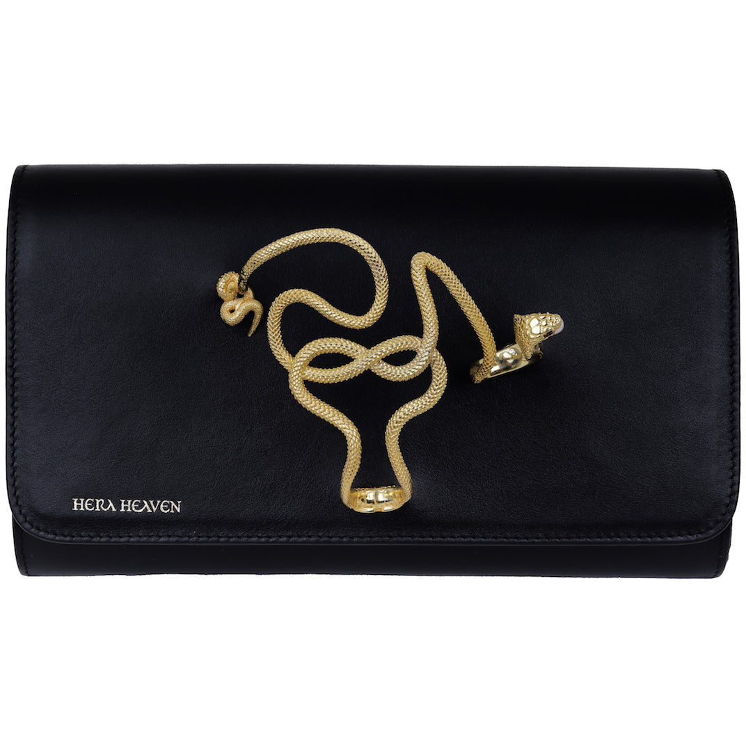 Black Uraeus genuine leather women's clutch bag front